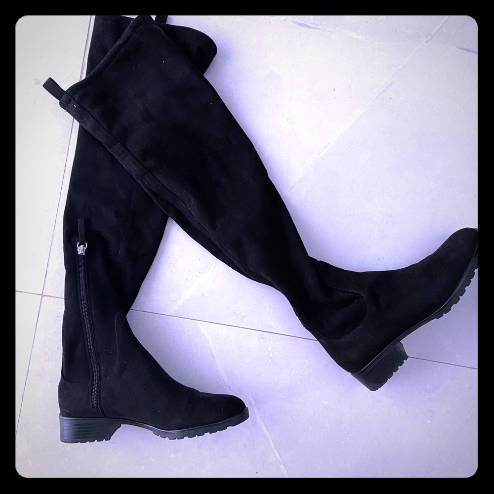Zara Suede black tall flat boots - almost new